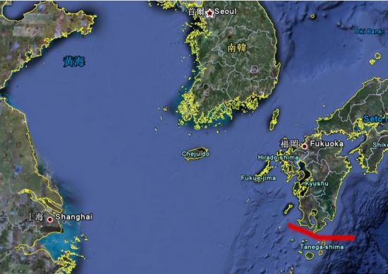 圖中紅線處為大隅海峽 資料圖